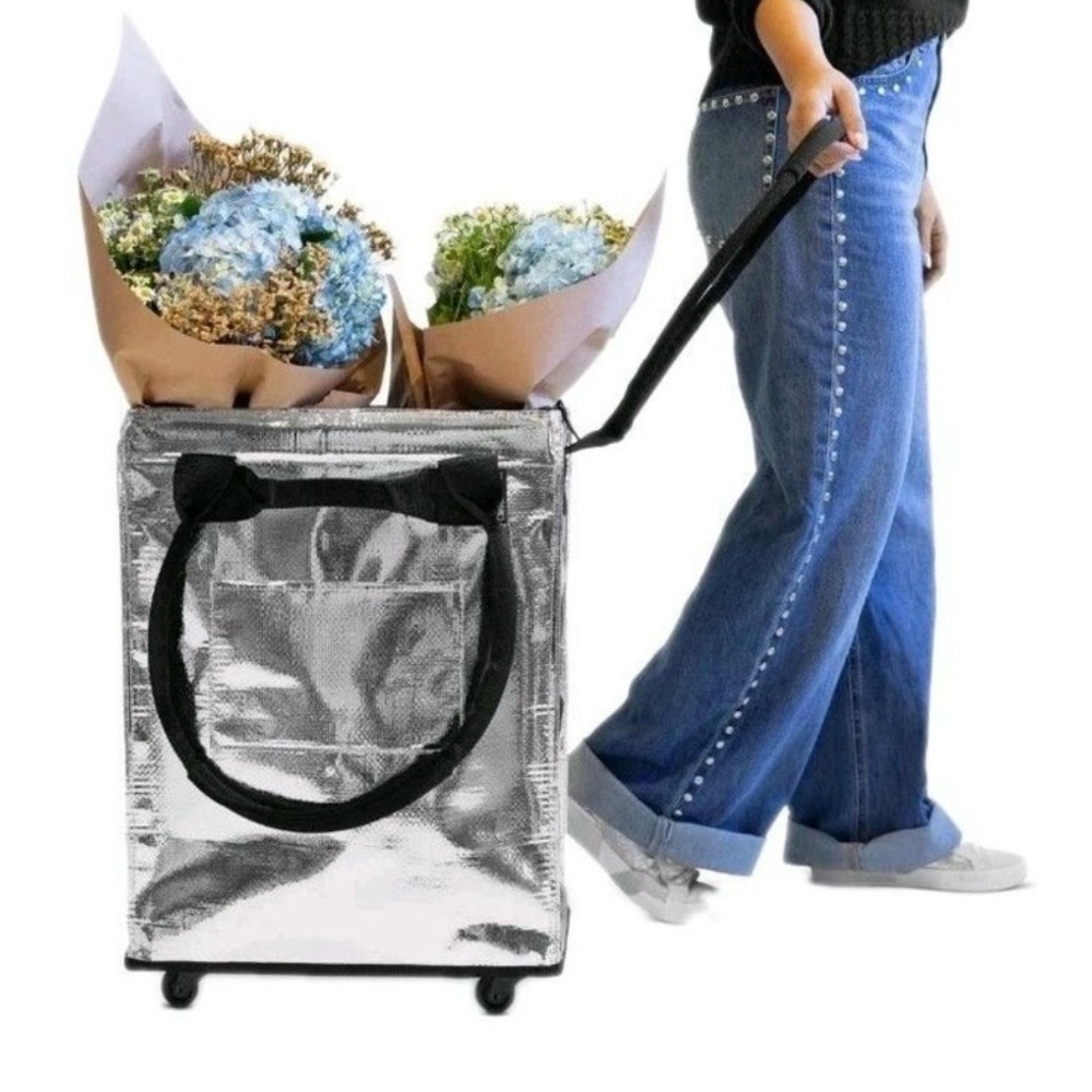 CleverMade Foldable Rolling Tote Bag 18"W x 24"H Soft Grip 90L 75lb Silver New